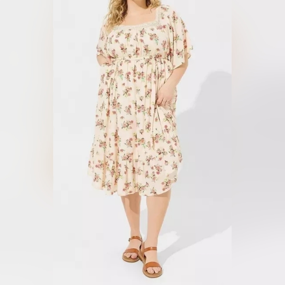 Torrid Womens Short-Sleeve Washable Gauze Peasant Midi Dress, Artisan Floral Dew